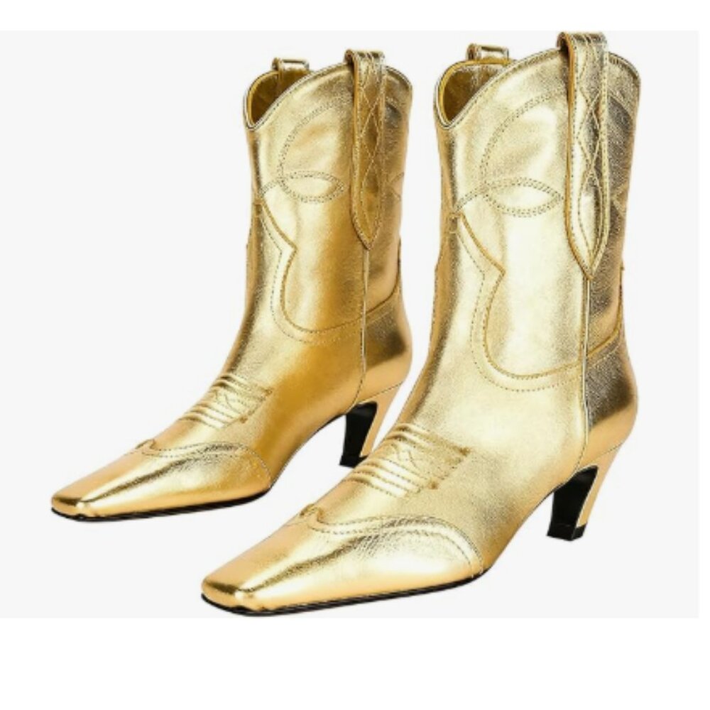 Gold Square Toe Comfort Kitten Low Heel Ankle Boot Pull On Bootie Winter Shoes